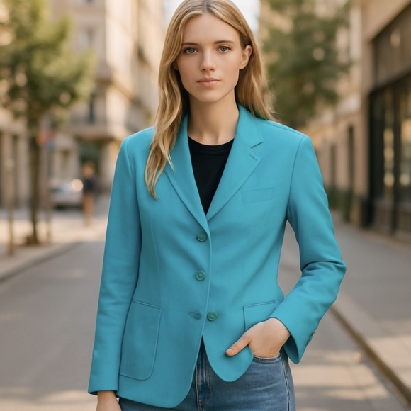 Talbots linen Blazer Vtg. Irish Linen Turquoise blue classic career Work sz 12 - Picture 1 of 12